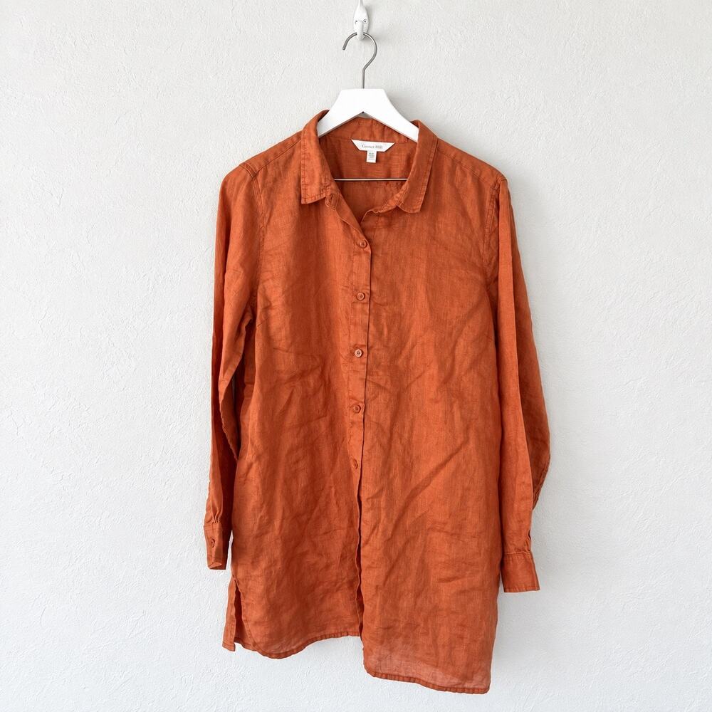 Garnet Hill 100% Linen Tunic Shirt L Rust Orange Lagenlook Coastal Button Up